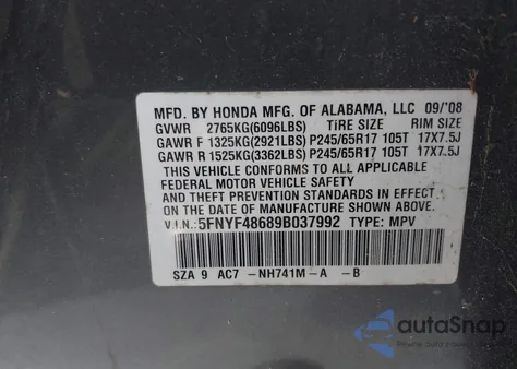 2009 Honda Pilot Ex-L from USA, damaged, VIN 5FNYF48689B037992